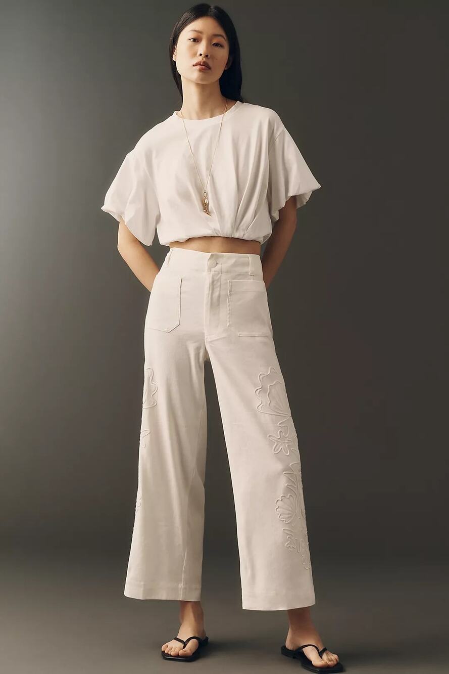 Maeve Colette Women's Size 26 Ivory Linen Wide Leg Crop Pants Embroidered Shell